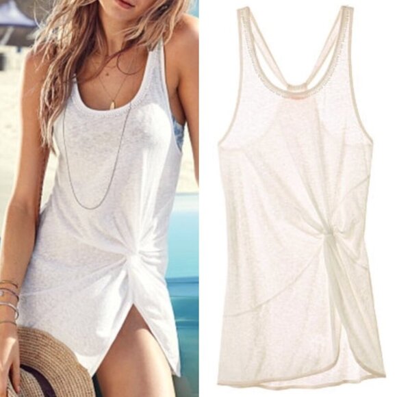 Victoria's Secret Tops - VICTORIA'S SECRET VS Knotted Tank Cover Up / Tunic Top White Crochet Sheer Boho